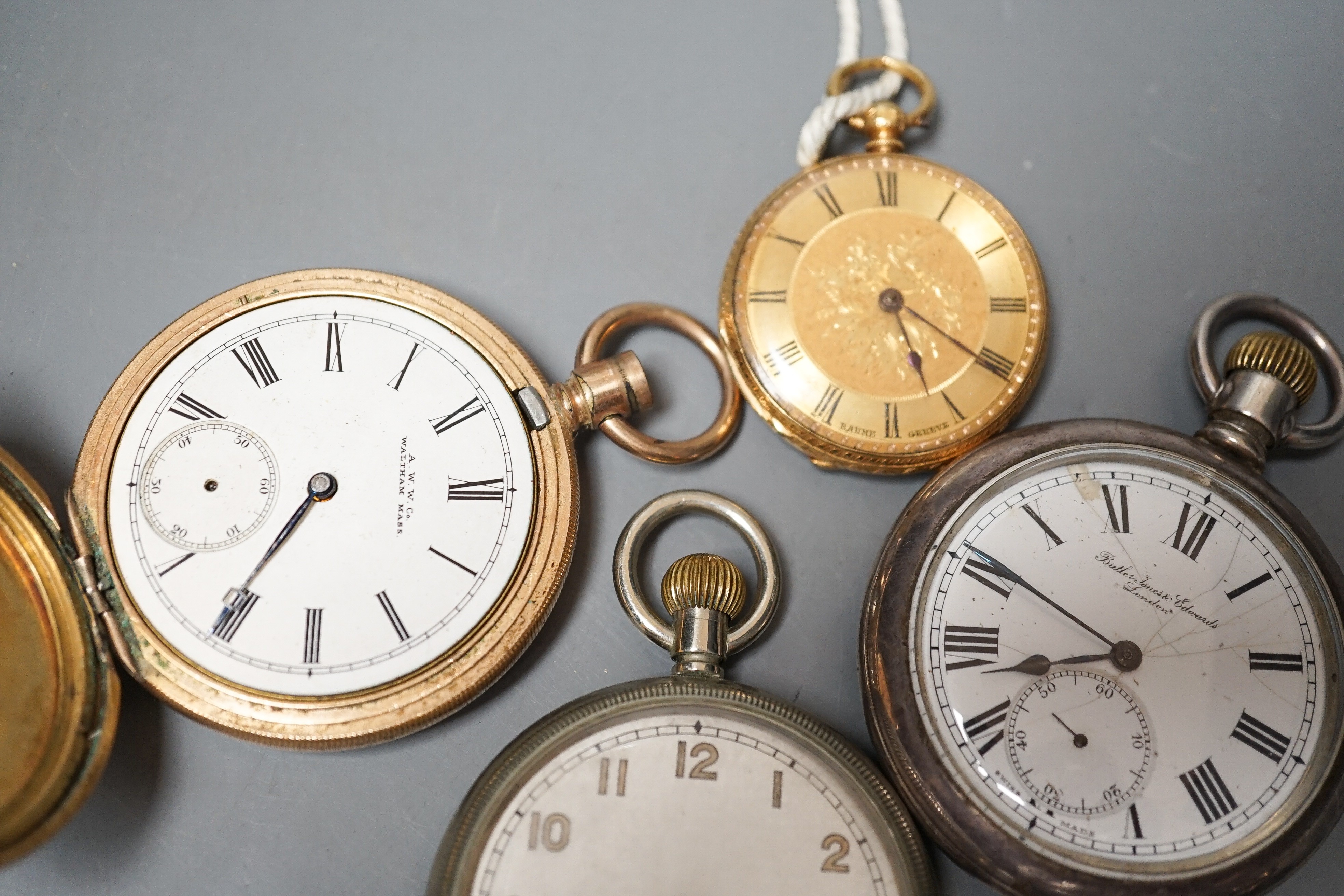 A collection of assorted pocket watches, including 1940's military, an 18k fob watch (gross 40.2grams), gold plated and engine turned Swiss 935 white metal.